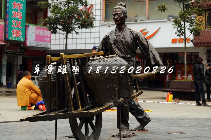 獨輪車銅雕，街頭古代人物雕塑