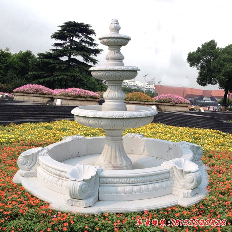 漢白玉三層噴泉石雕，公園歐式噴泉石雕[1]